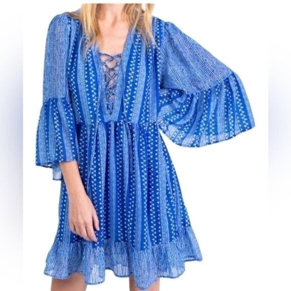 Sabina Musayev Dress Womens L Blue Geometric Boho Ruffle Bell Sleeve Mini - Picture 2 of 14